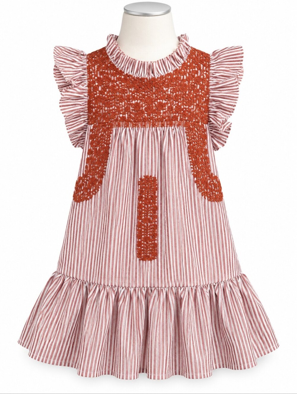 J. Marie Kids Flutter Sleeve Dress 7T Orange Striped Boho Embroidered Ruffle